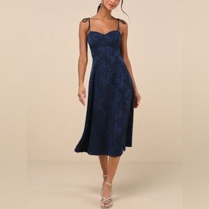 NWOT Lulus Loveliest Looks Navy Blue Floral Jacquard Tie-Strap Midi Dress